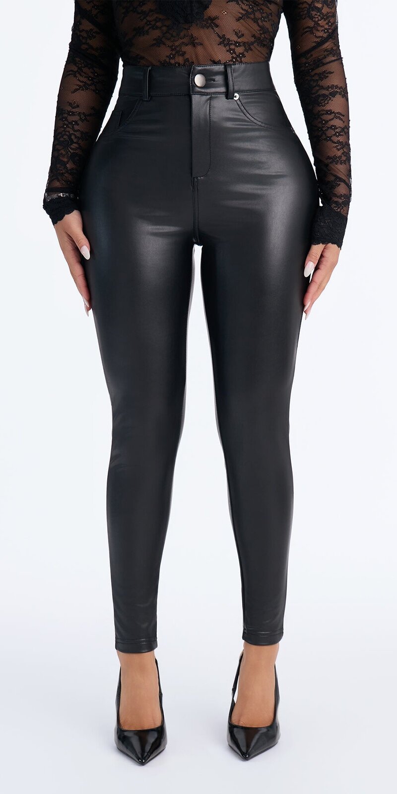 Čierne koženkové skinny nohavice s vysokým pásom