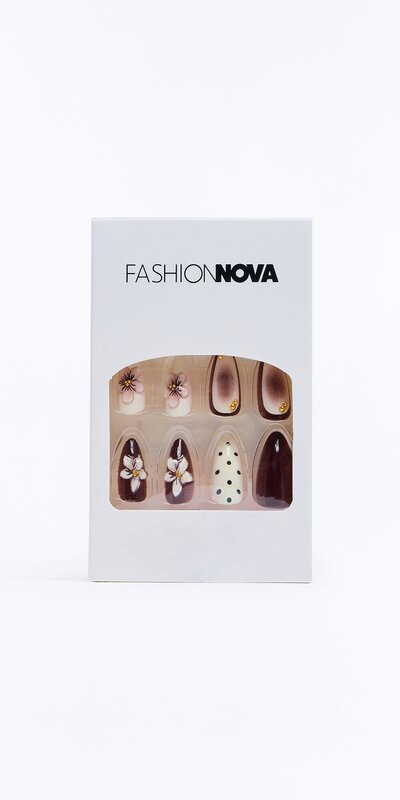 Bordové nalepovacie nechty s bodkami, kvetmi a 3D zdobením – 30 ks