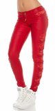 KouCla dámske nohavice koženého vzhľadu s čipkou po bokoch Červená
