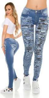 Dámske skinny džínsy s rozparkami a maskáčovými vzormi Modrá