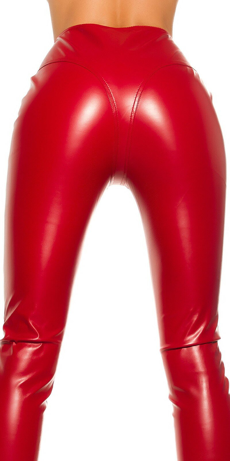 Lesklé kožené nohavice s vysokým pásom a zipsom vpredu Červená