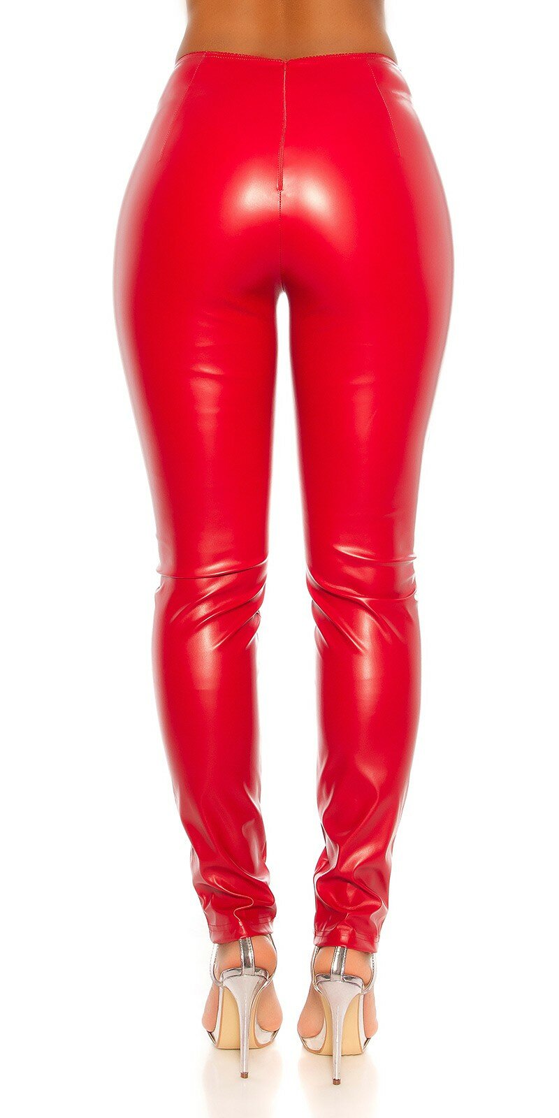 Lesklé kožené nohavice s vysokým pásom a zipsom vzadu Červená