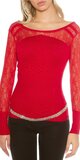 Pletený svetrík s čipkovanými rukávmi a dekoltom Červená