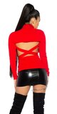 Rolákový sveter s odhaleným chrbtom Červená