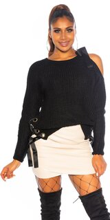 Pletený sveter s odhaleným jedným ramenom Čierna