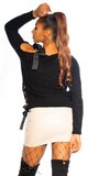 Pletený sveter s odhaleným jedným ramenom Čierna