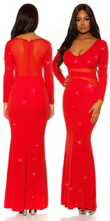 Lesklé večerné šaty s priehľadným pásom a chrbátom Červená