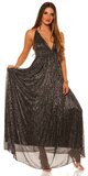 Ramienkové dlhé šaty s otvoreným dekoltom Čierno-strieborná
