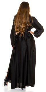 Saténové maxi šaty s dlhými rukávmi Čierna