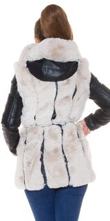 Koženková zimná bunda s kožušinou a opaskom Čierno-béžová