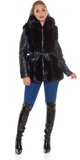 Koženková zimná bunda s kožušinou a opaskom Čierna