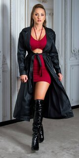 Dlhý dámsky koženkový kabát s opaskom Čierna