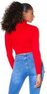 Vrúbkovaný rolákový sveter Červená