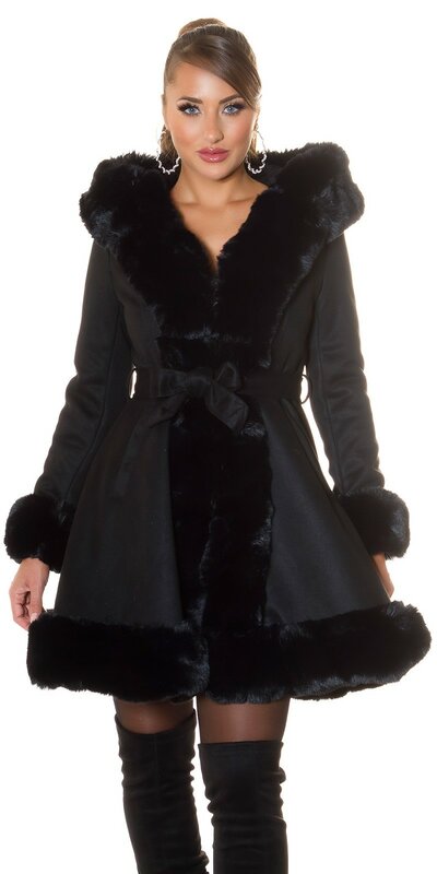 Áčkový zimný kabát s opaskom Čierna
