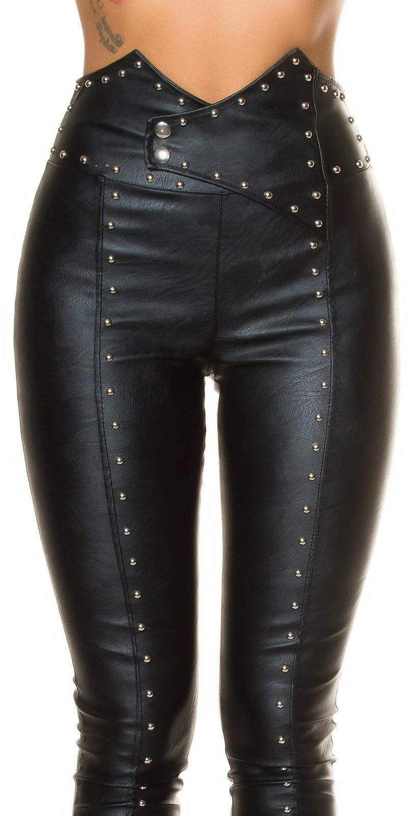 Vybíjané koženkové nohavice s vysokým pásom Čierna