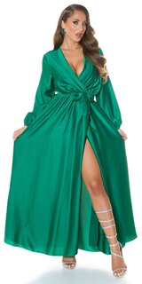 Saténové maxi šaty s dlhými rukávmi Zelená