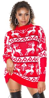 Dlhý dámsky Vianočný sveter so sobmi Červená