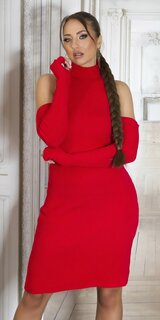 Pletené rolákové šaty s dlhými rukavicami Červená