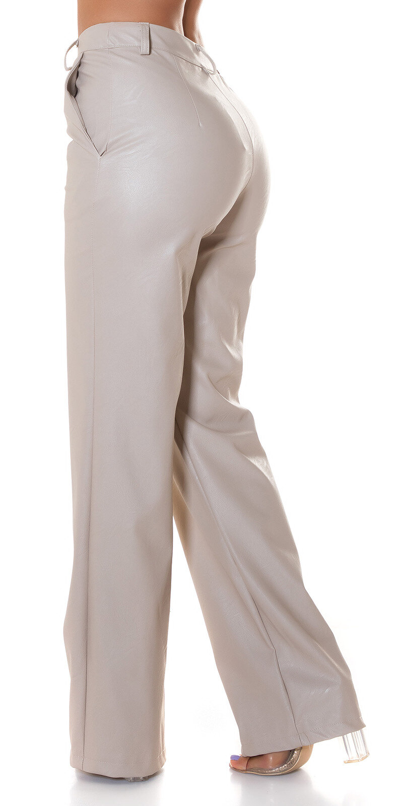 Koženkové rovné nohavice s vysokým pásom Béžová