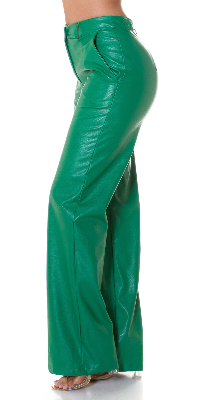 Koženkové rovné nohavice s vysokým pásom Zelená