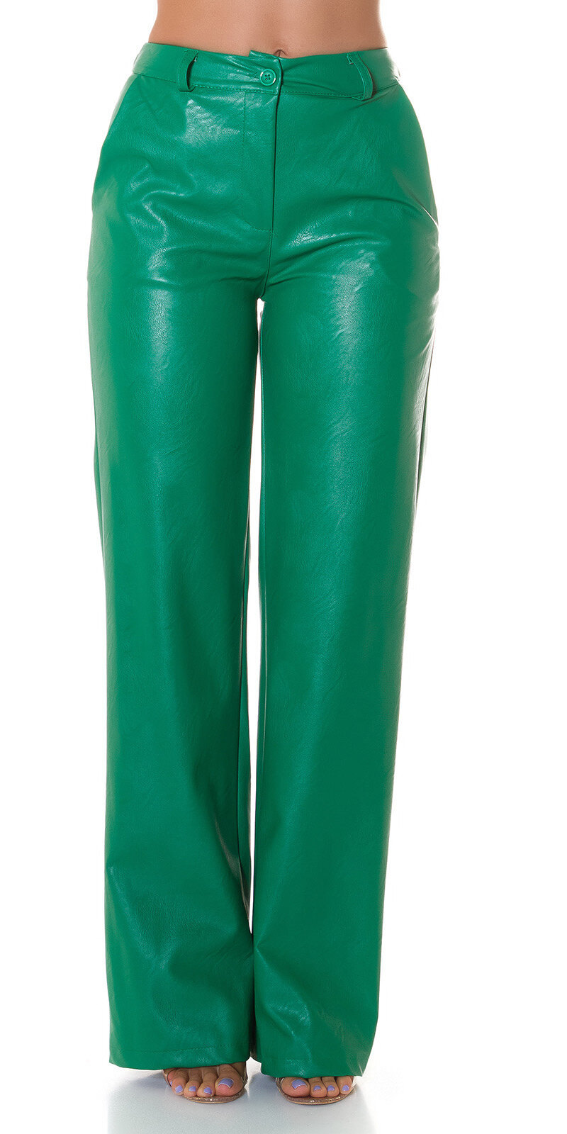 Koženkové rovné nohavice s vysokým pásom Zelená