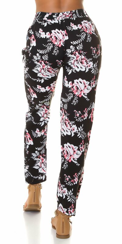 Kvetinové ľahké jarné nohavice Čierna