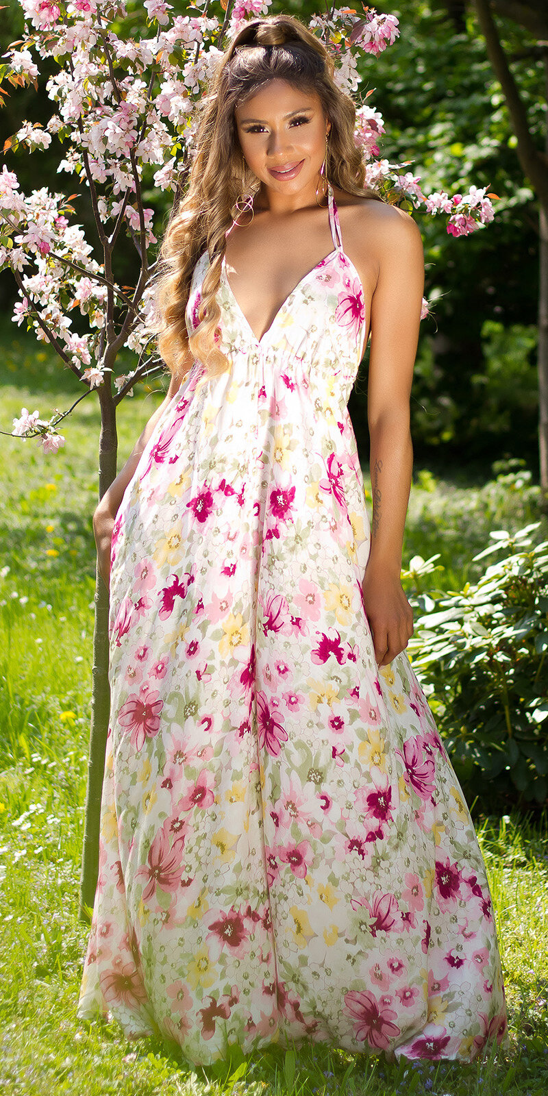 Floral letné šaty s dĺžkou po zem Bledá ružová