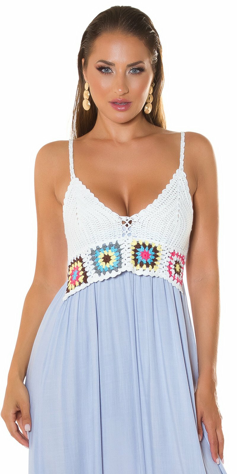 Viskózové letné šaty so štrikovaným dekoltom Modrá