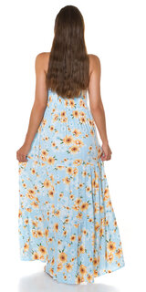 Viskózové kvetinové šaty po zem Modrá