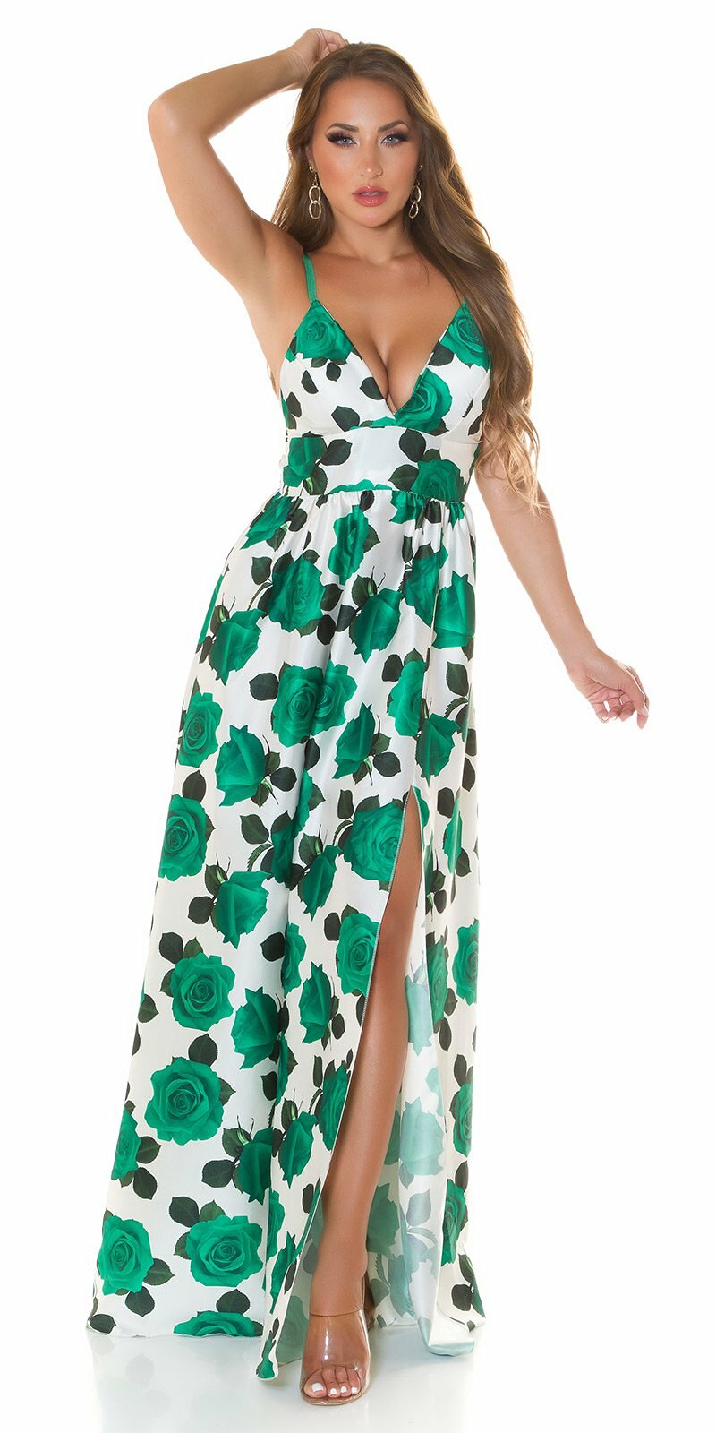 Letné dlhé šaty s ružami Zelená