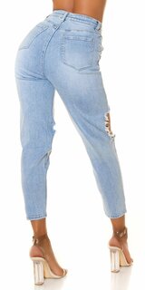 Vysoké lightwash džínsy s otvormi na stehnách Bielo-modrá