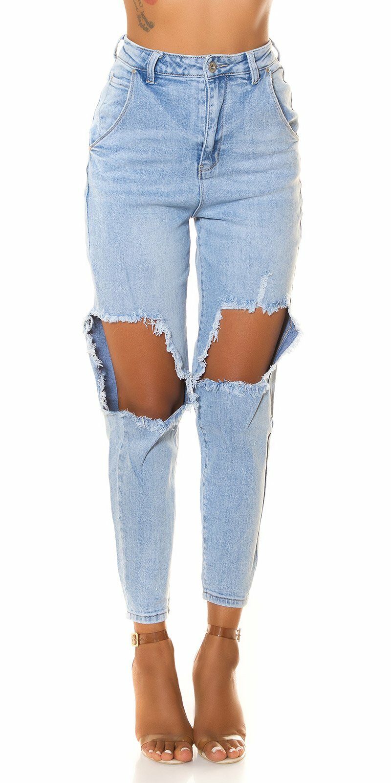 Vysoké lightwash džínsy s otvormi na stehnách Bielo-modrá