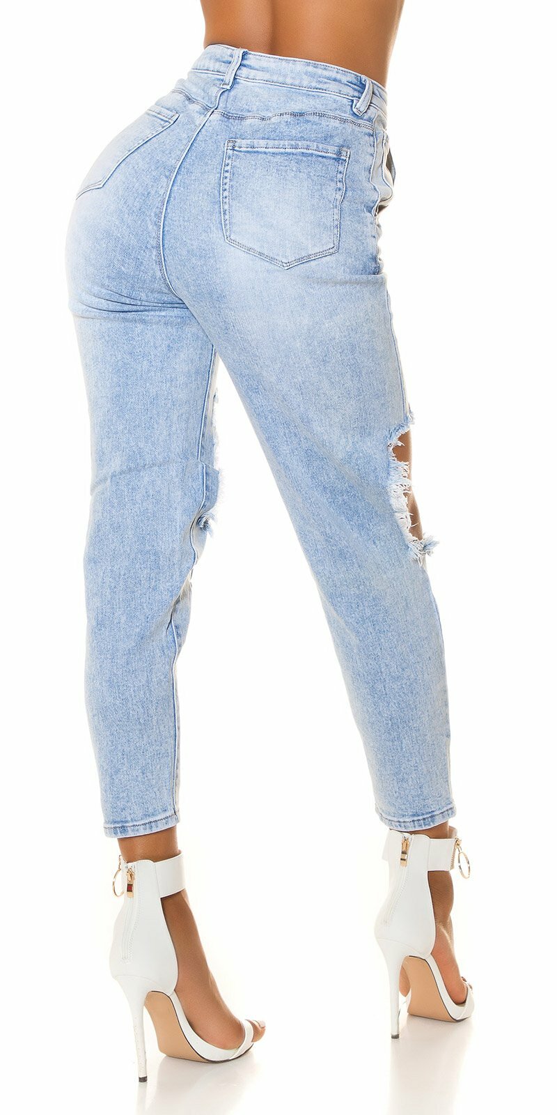 Vysoké lightwash džínsy s otvormi na stehnách Modrá