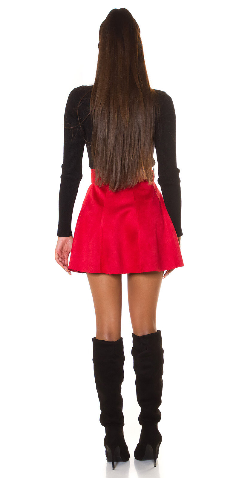 Vysoká semišová sukňa s opaskom Červená