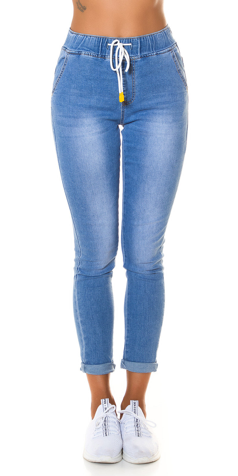 Vysoké džínsy s gumičkovým pásom Modrá