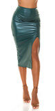 MIDI vysoká koženková sukňa s prestrihom Zelená