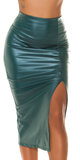 MIDI vysoká koženková sukňa s prestrihom Zelená