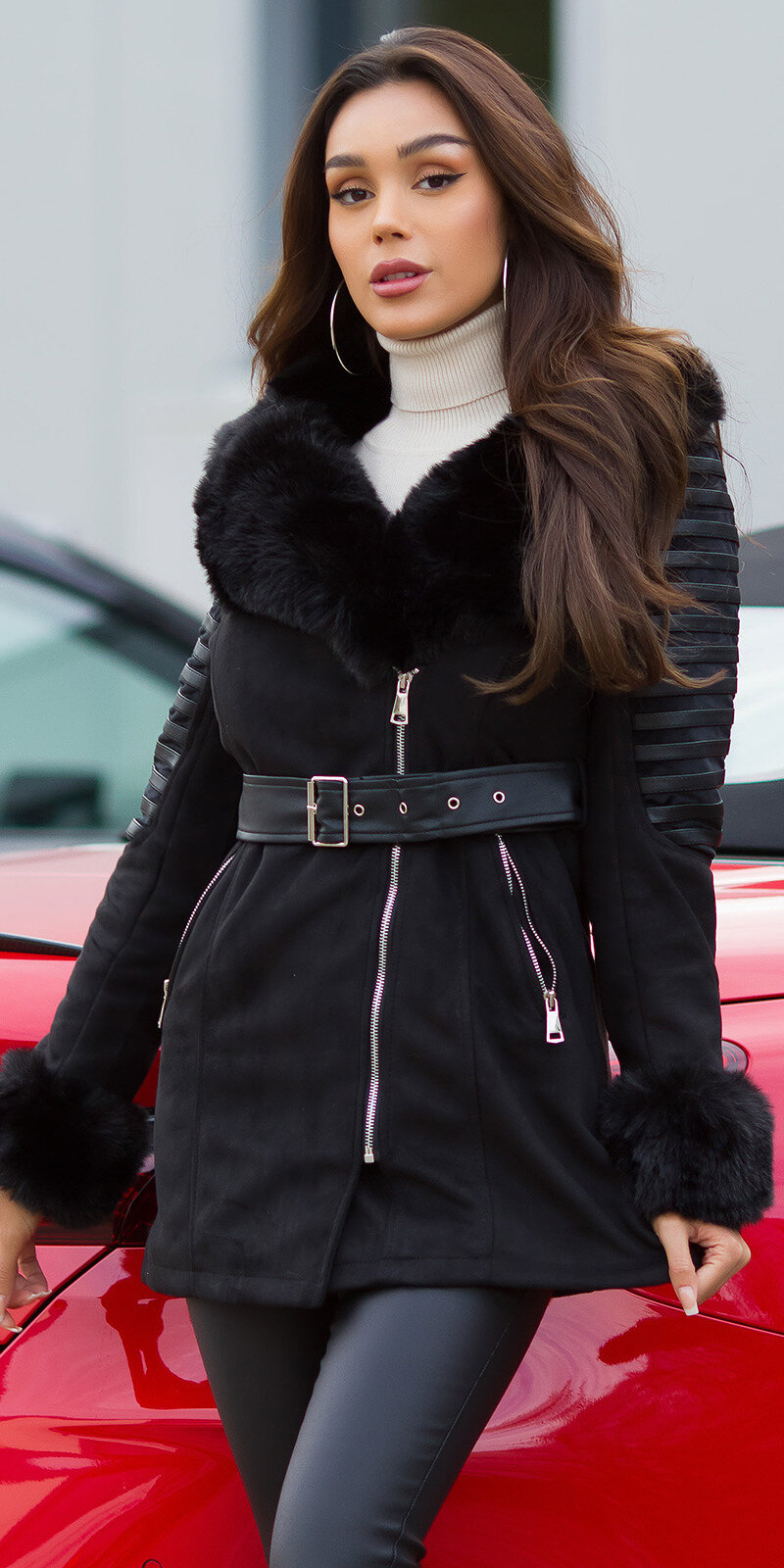 Zimný kabát s kožušinou Čierna