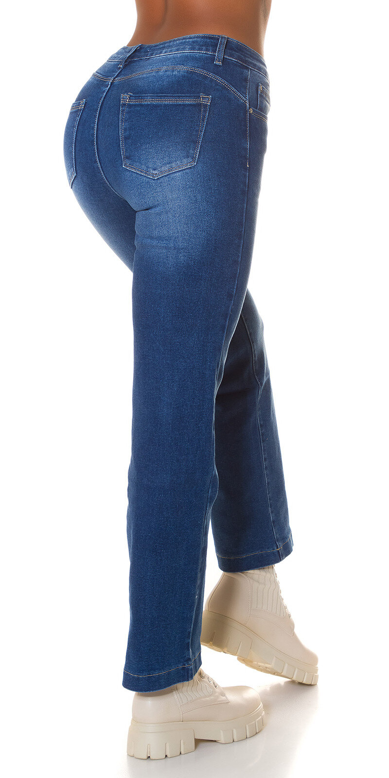 Vysoké klasické džínsy v rovnom strihu Modrá