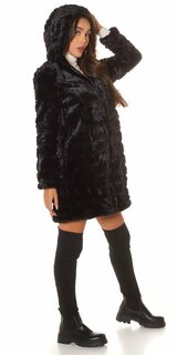 Dámska kožušinová bunda s kapucňou Čierna
