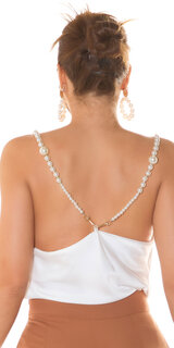 Saténový top s perlovými ramienkami Biela