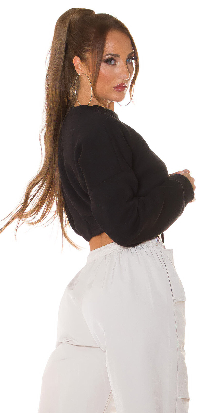 Krátky teplákový sveter so šnúrkami Čierna