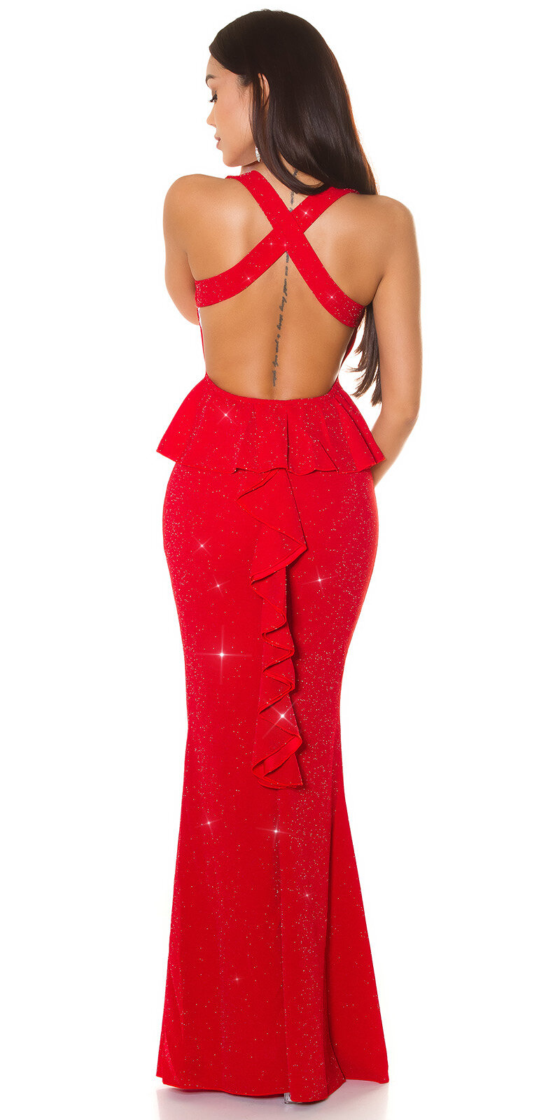 Lesklé bezrukávové večerné šaty s otvoreným chrbtom Červená