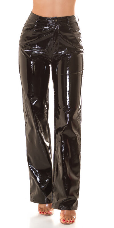 Latexové rovné nohavice s vysokým pásom Čierna