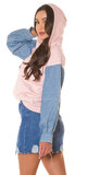 Úpletová bunda s džínsovými rukávmi Bledá ružová