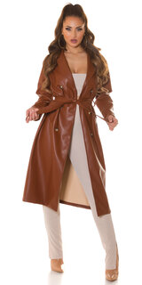 Dámsky dlhý koženkový kabát s opaskom Hnedá