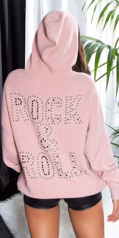 Sveter s kapucňou "ROCK & ROLL" Ružová
