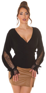 Vrúbkovaný sveter s dlhými čipkovanými rukávmi Čierna