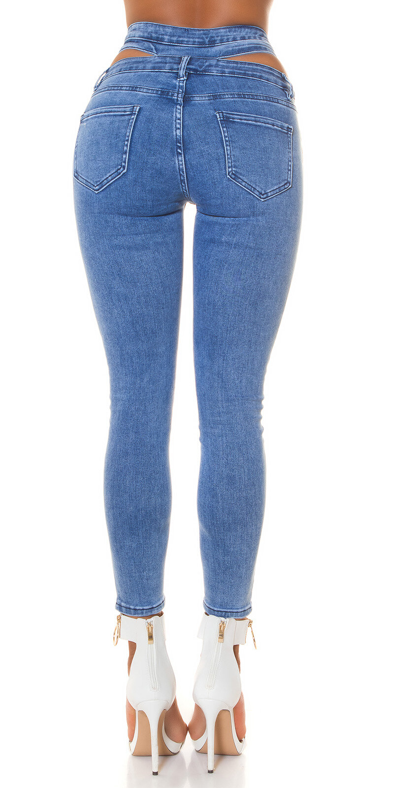 Vysoké džínsy s výrezmi nad bokmi Modrá