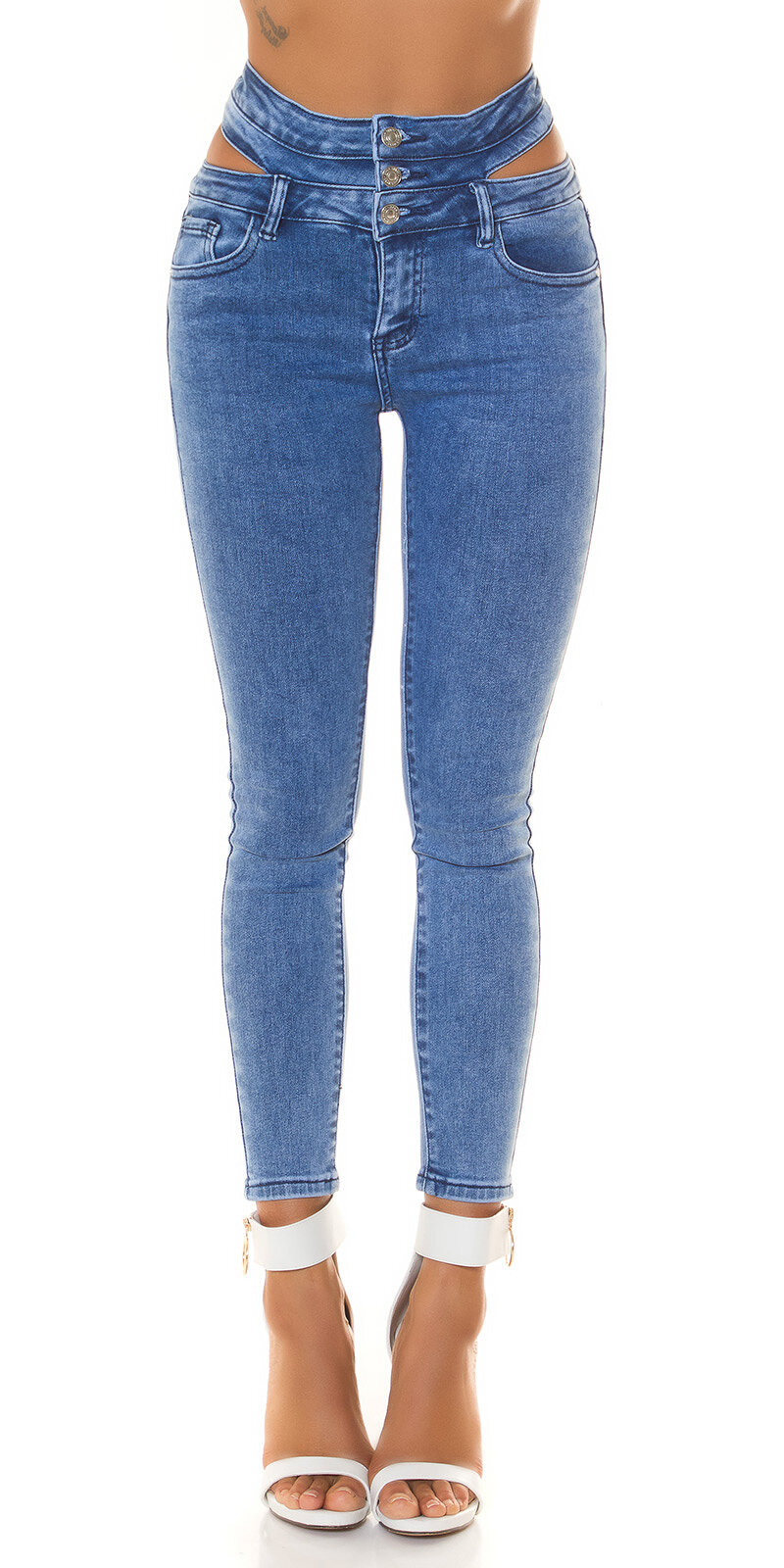 Vysoké džínsy s výrezmi nad bokmi Modrá